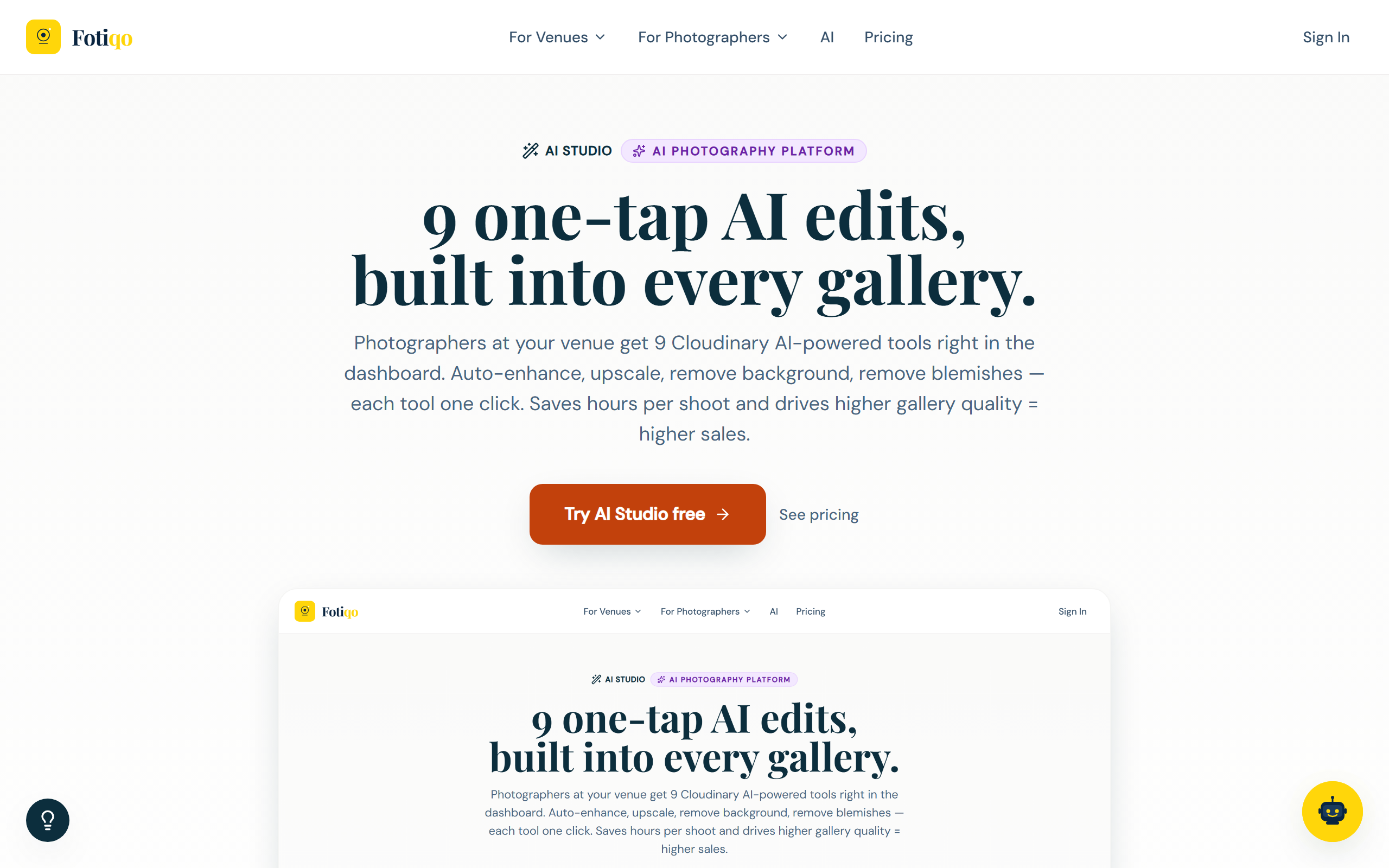 Fotiqo AI Studio — 9 one-tap AI photo edit tools running on a portrait